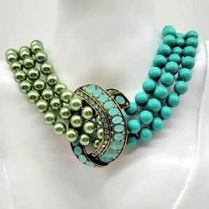 Heidi Daus Rare 80s Vintage Half Pearl Half Turquoise Choker w/ Crystal Pendant